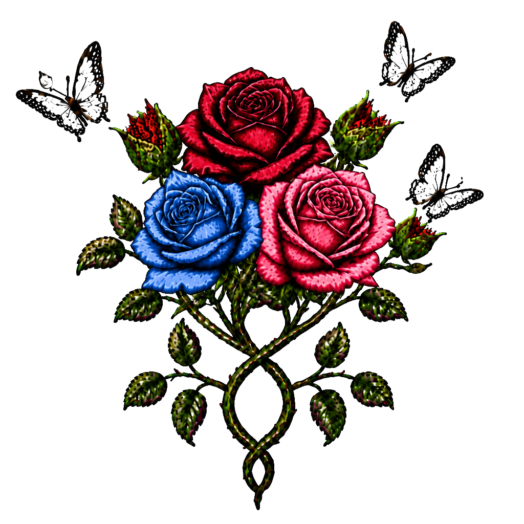 1 rote Rose, 1 geschlossene Rose wo ein Schmetterling entsteht,2 geschlossene Rosen an einen Strang wo aus den geschlossenen Rosen Schmetterlinge entstehen, 1 lila Rose und 1 rote Rose. Alles zusammen mit den Namen Fabian und Dèsirèe verbunden