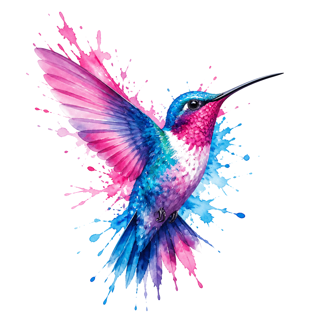 A hummingbird splashed in bleeding pinks and blues