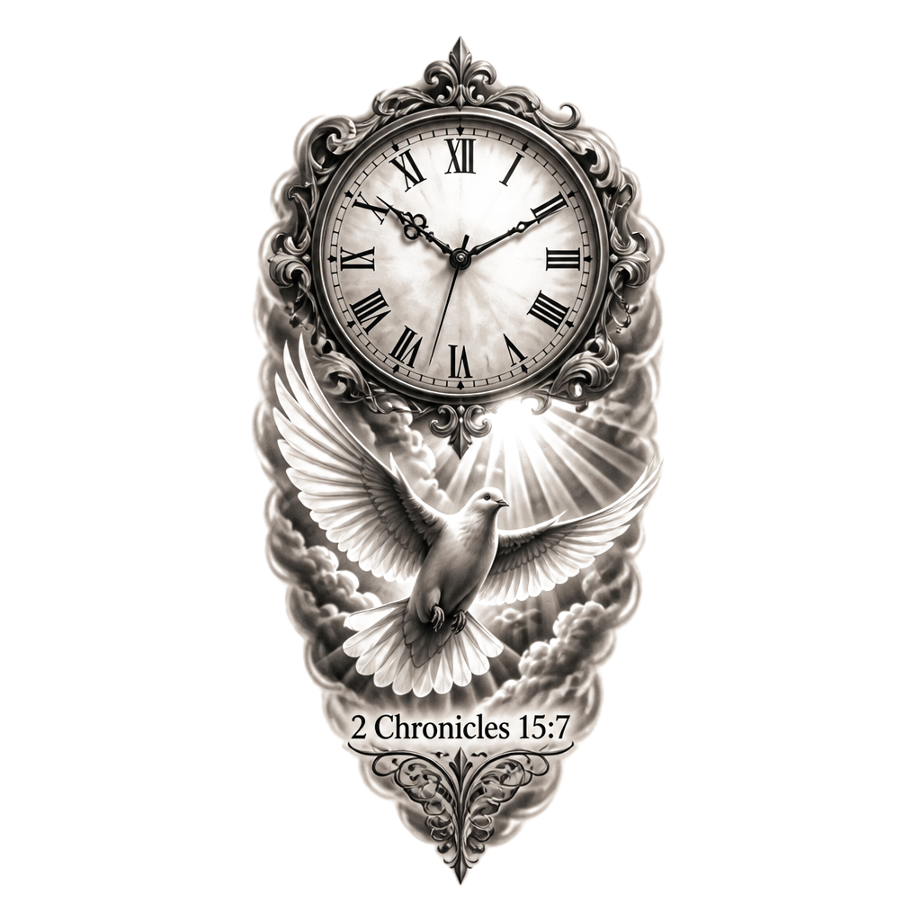 A clock with Roman numerals on my shoulder and below it on my outer bicep, a dove and the bible verse 2 Chronicles 15:7
