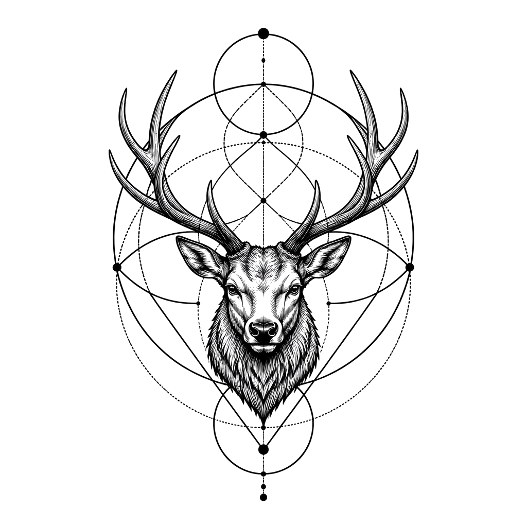 An elk head framed by interlocking circles