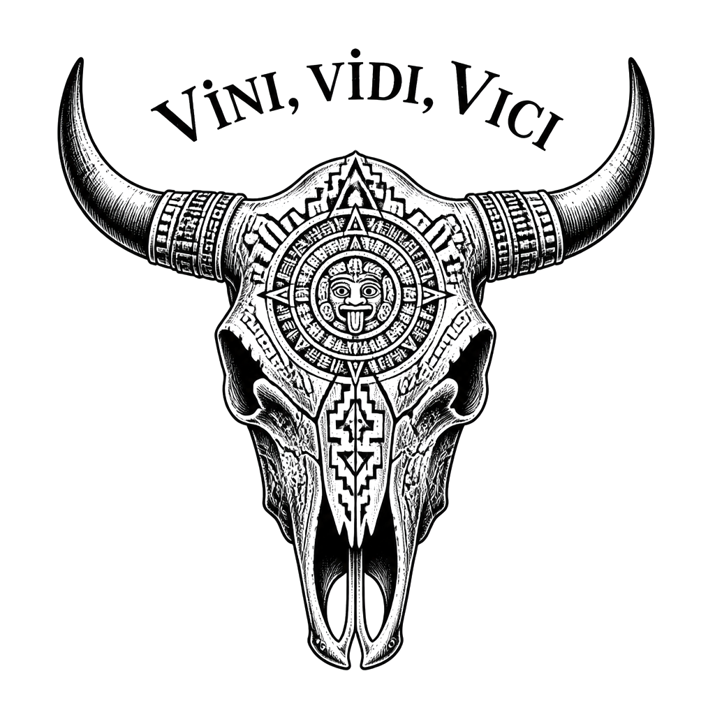 Aztec Steer skull with the words “Vini, vidi, Vici” above it