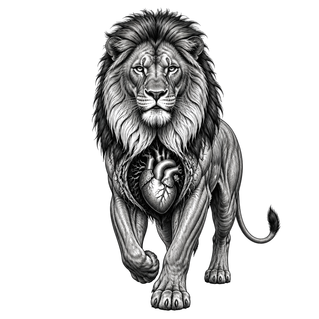A male lion with heart beating showing with white mane color in under the mouth area. The full body of the lion with muscles on the move