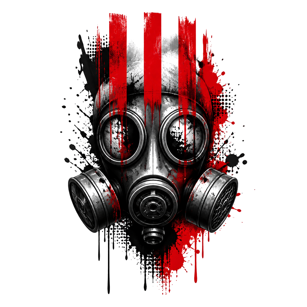 A gas mask under dripping red bars