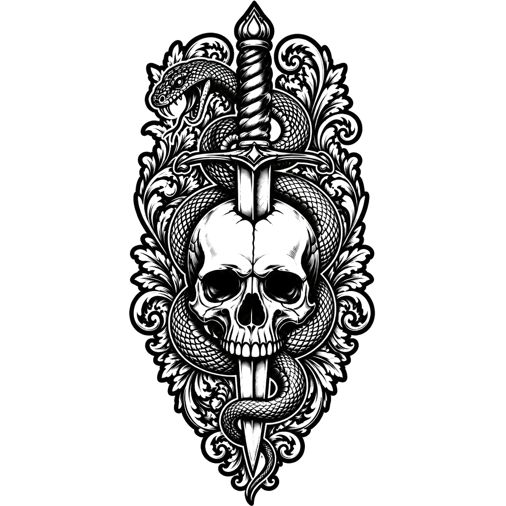 A dagger snake and skull