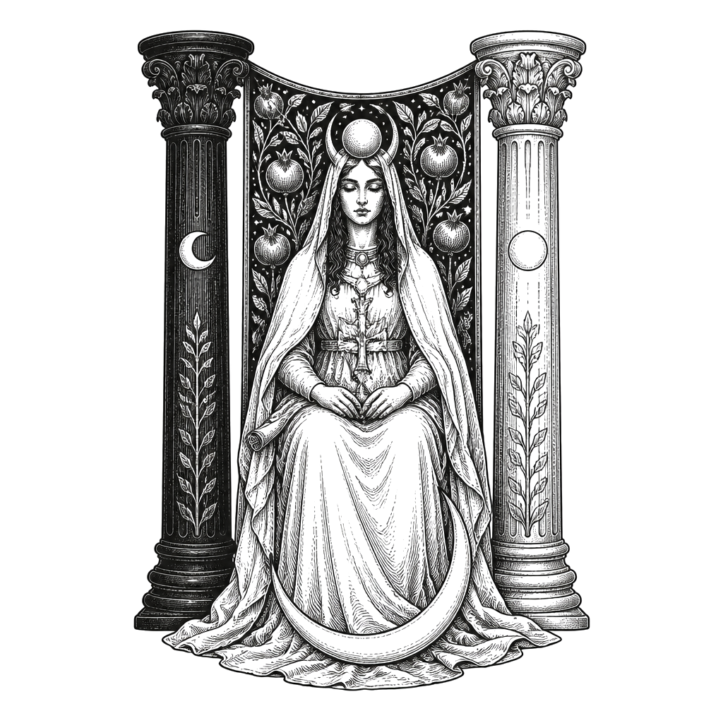The High Priestess tarot card seated between two pillars
