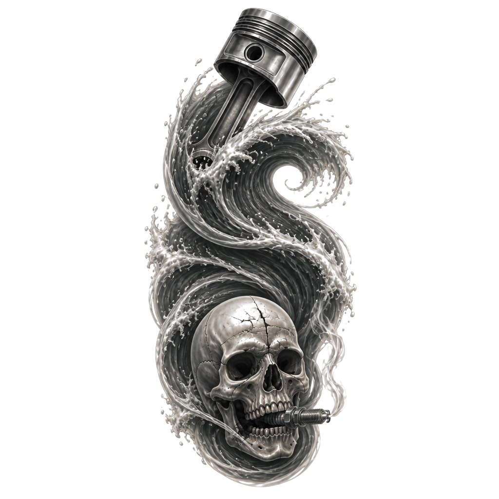 Scull with piston shooting through his scull spark plug out his mouth like a cigarette. I have to boys 9 and 12. Maybe get clocks with there birthdays all down my arm grey and black sleeve