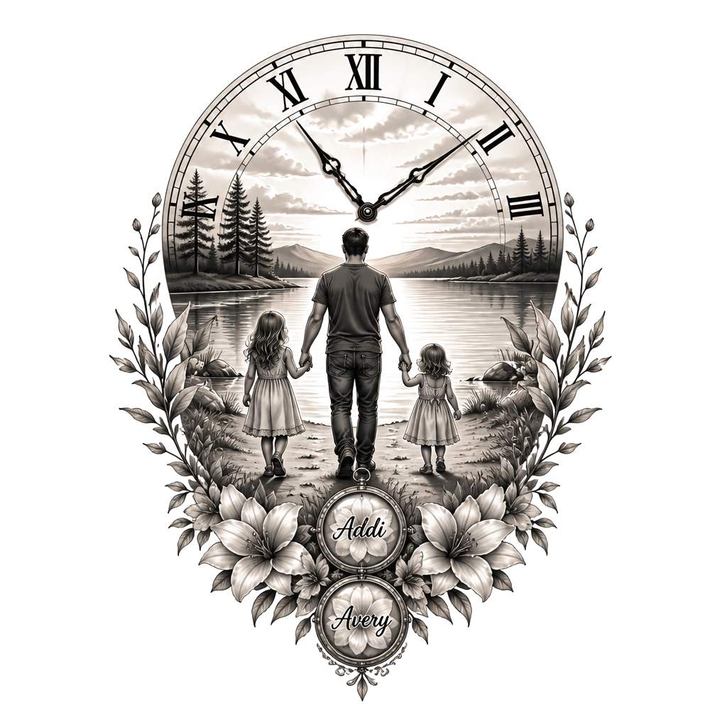 Lake background with a dad and two little girls walking towards it holding hands. One girl taller than the other. A clock with Roman numerals and the little girls names Addi and Avery somewhere in it.