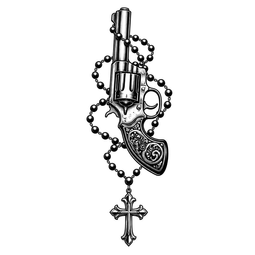 A revolver wrapped in a rosary chain