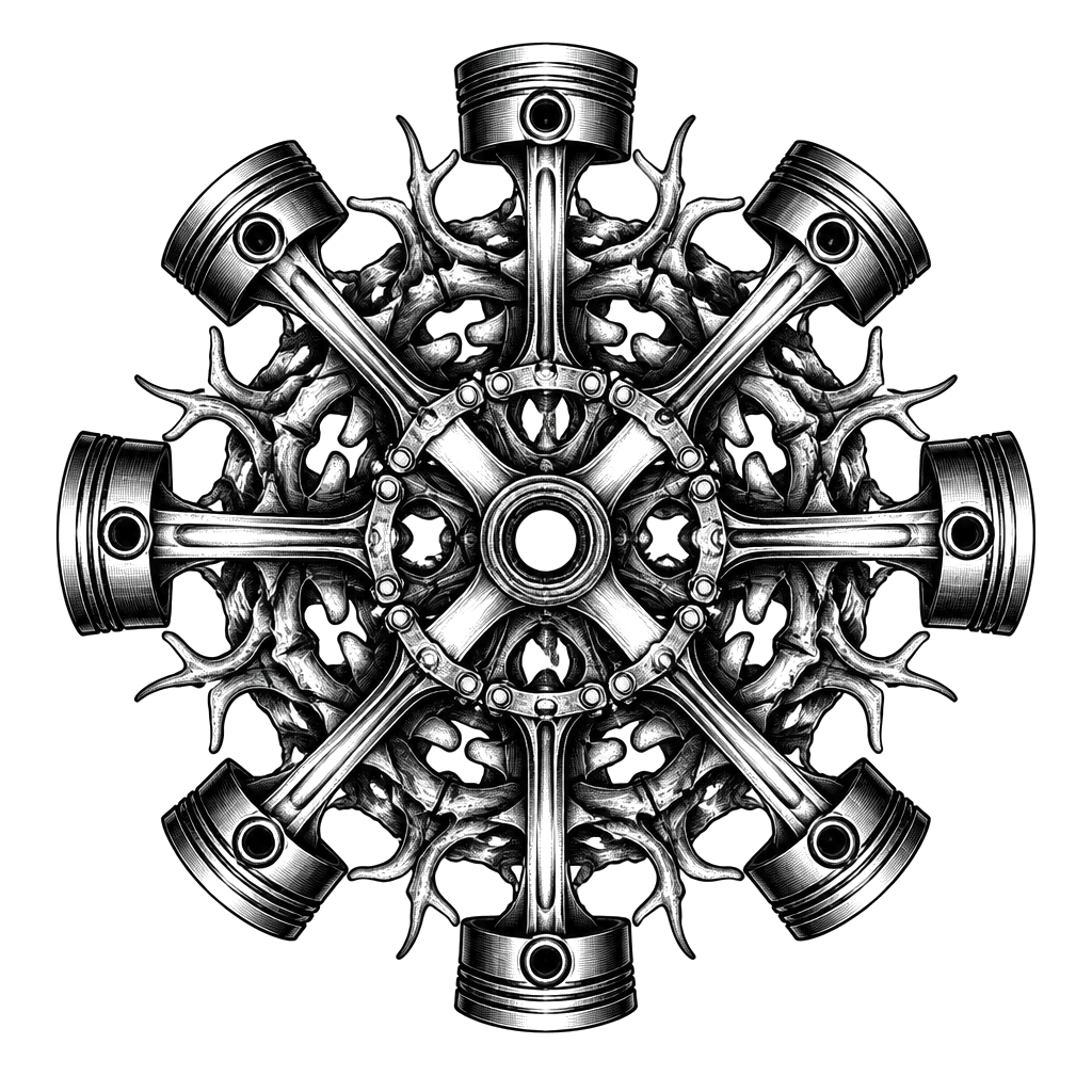A wheel of pistons and vertebrae in perfect symmetry