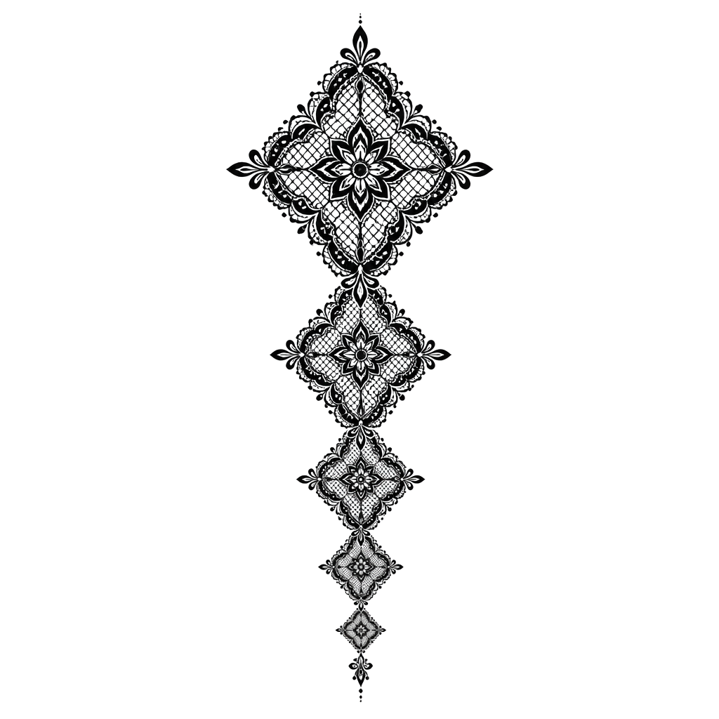 A column of lace-patterned diamonds shrinking toward the tail
