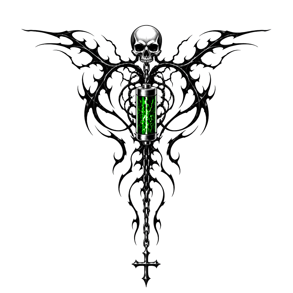 Design me a tattoo for my back that goes from shoulder blade to shoulder blade and these down into the spine with a chain hanging, and a battery powering the tattoo