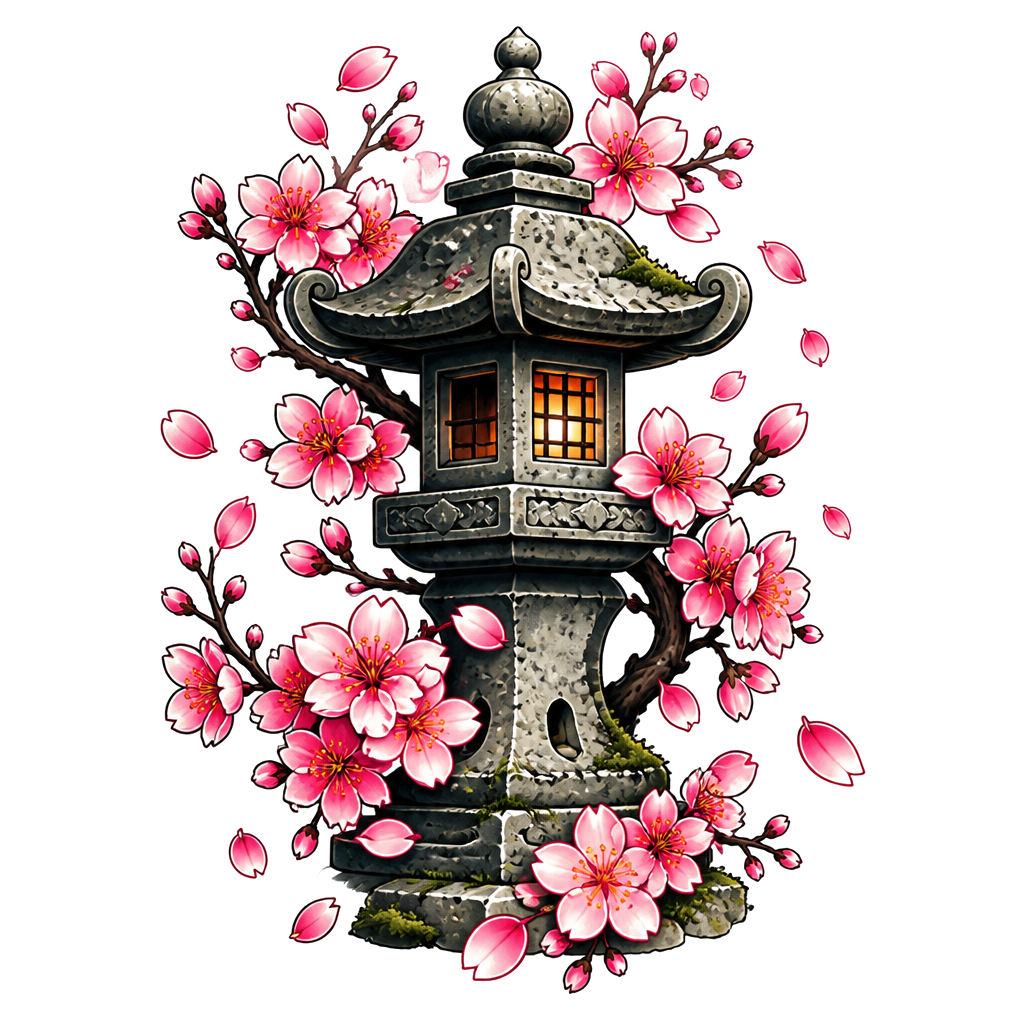 Cherry blossoms drifting past a stone lantern