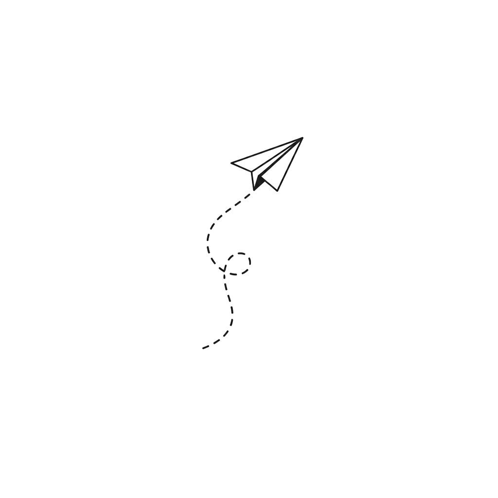 A tiny paper airplane trailing a dashed line