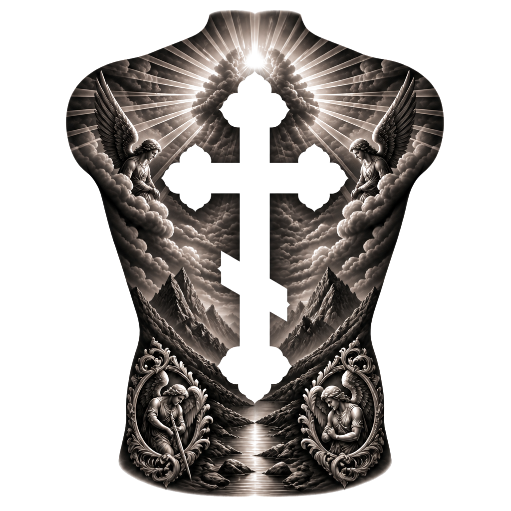 Full back piece with a Christian orthodox cross tattoo in negative space. I want sunrays to border the top and upper corners. Add two other smaller pieces in both lower corners