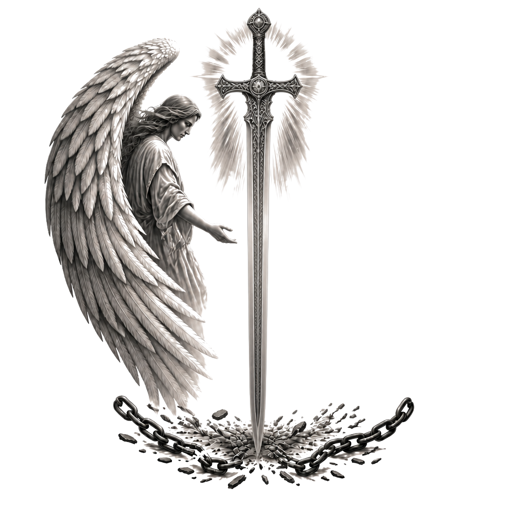 A kneeling figure between a protective angel’s wing and a retreating demon, hands raised toward a radiant cross, with broken chains beneath symbolizing strength through God.