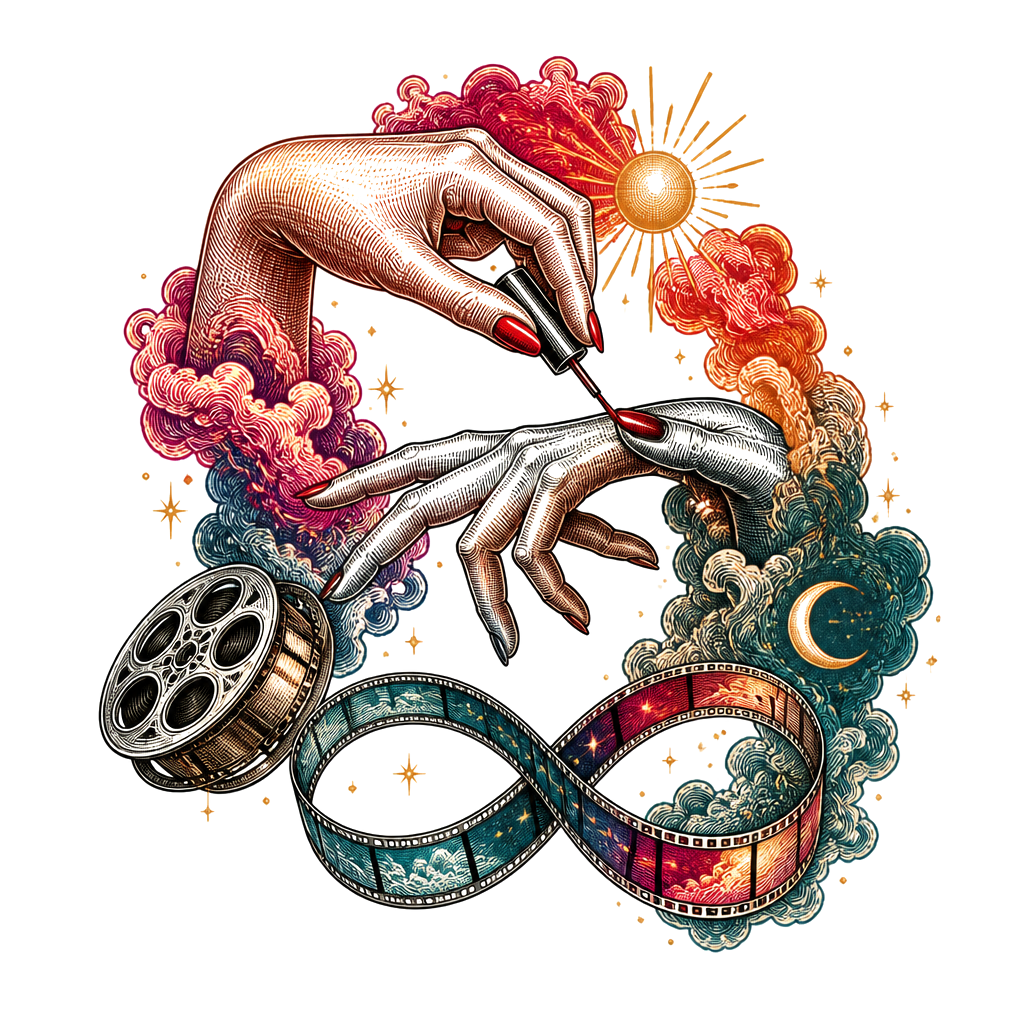 Two intertwined hands, one gently painting the other’s nails, beside a small film reel looping into an infinity symbol.