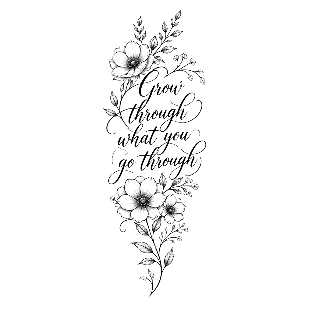 “Grow through what you go through” with flowers along forearm