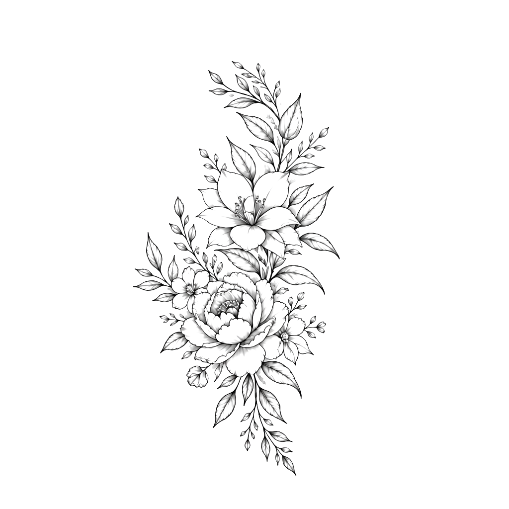 Floral design with flowers in amongst leaves primarily on my left thigh rising slightly to wrap around my hip. Fine line tattoo with light shading