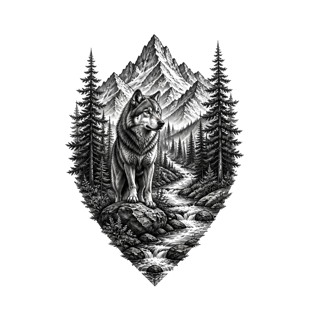 An animal in a forest with mountains and a river maybe?