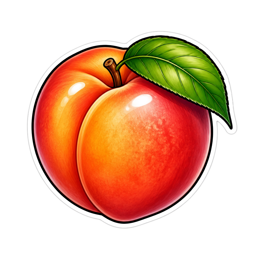 A glossy peach with one green leaf