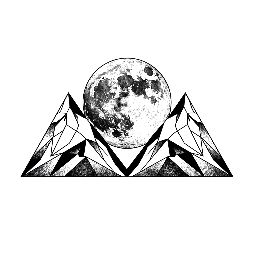 A full moon rising between two mountain triangles
