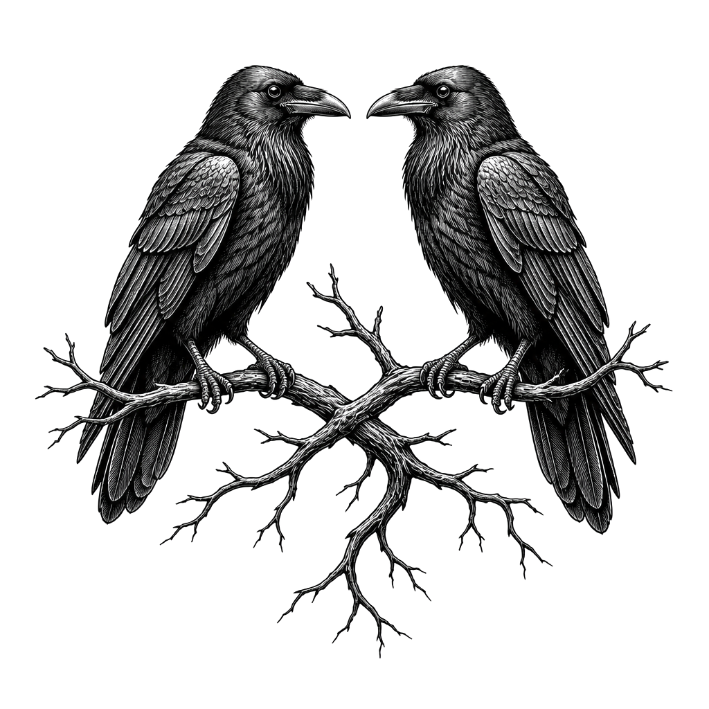 Two ravens facing each other on a bare branch