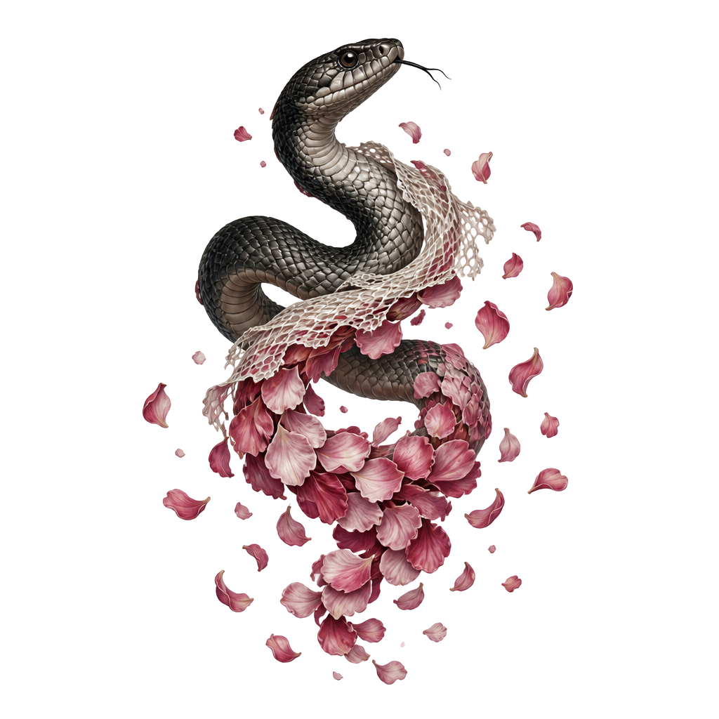A snake shedding its skin into scattered petals