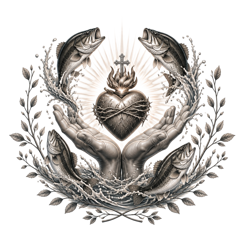 A sacred heart cradled in open hands, encircled by leaping bass, rippling water, subtle rays, and small flourishing branches suggesting enduring family bonds.