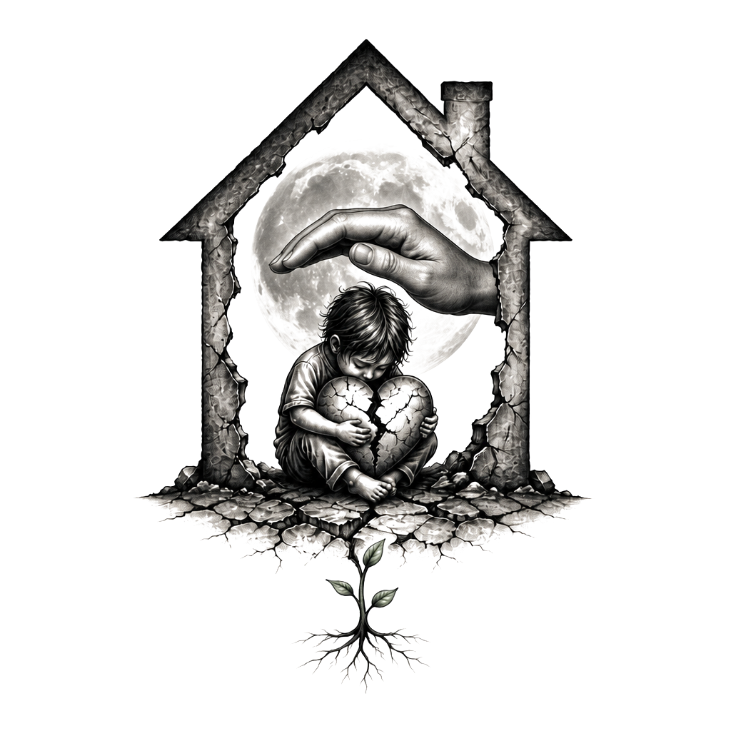 A small child sheltering a cracked heart beneath an oversized, empty house silhouette, with one resilient sprout growing through the ground below.