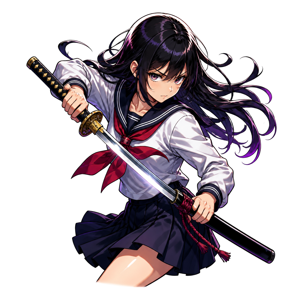 A schoolgirl drawing a katana from its sheath