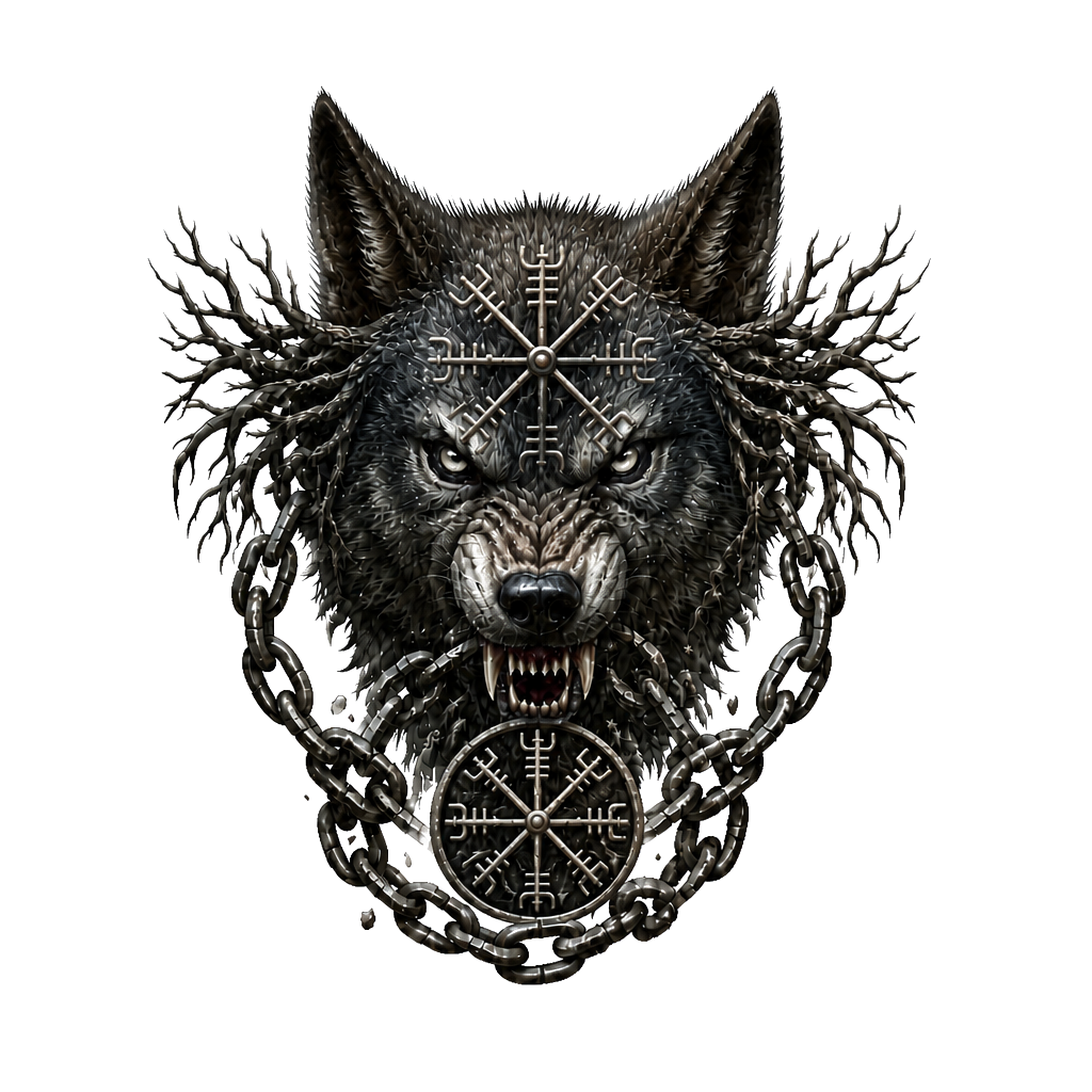 Fenrir’s snarling head centered on the forehead, Yggdrasil roots spreading toward the temples, broken chains flowing from its jaws and wrapping around the neck.