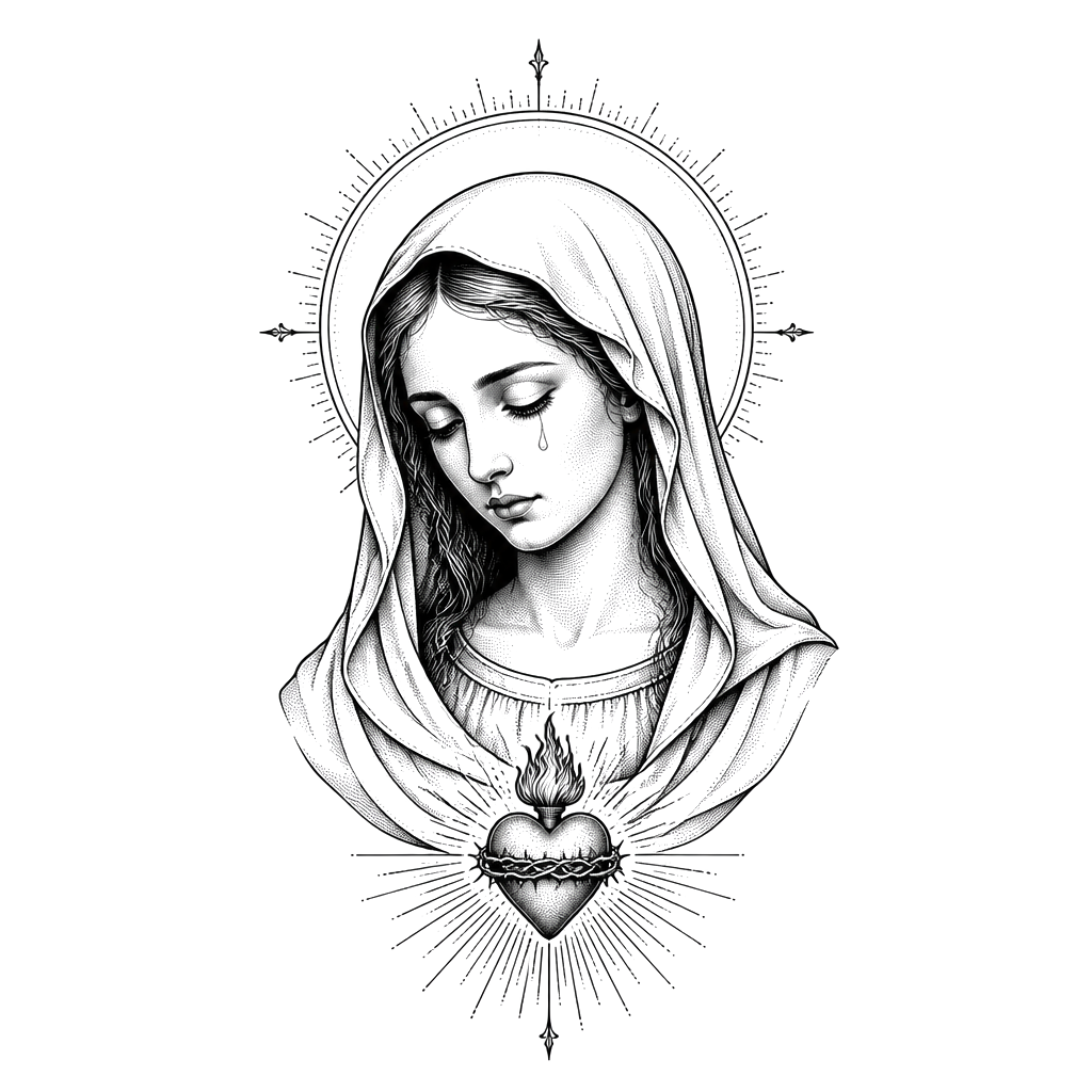Serene Virgin Mary portrait with downcast eyes, a delicate halo, and a single tear resting above a small sacred heart.