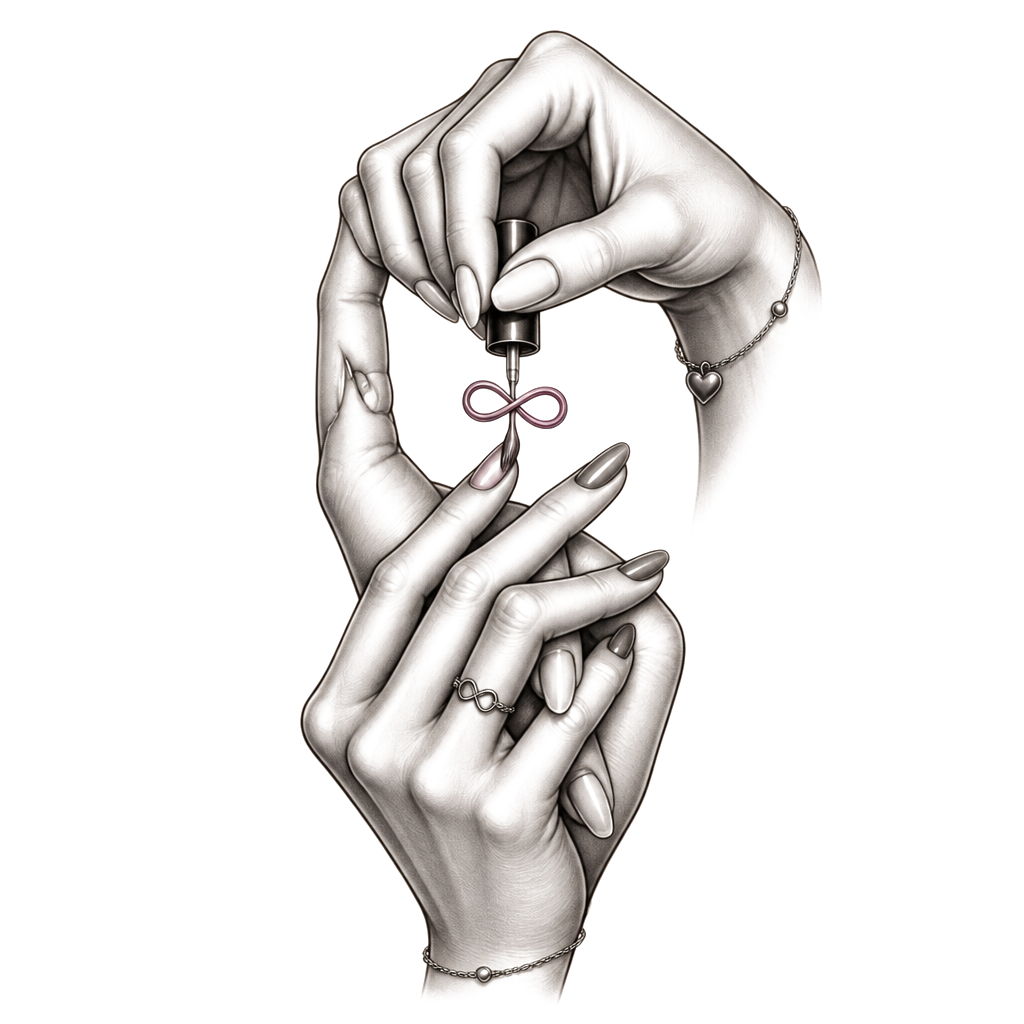Two intertwined hands, one painting the other’s nails, with a tiny infinity loop woven through the polish brush and the names “Mal” and “Besties” subtly engraved.