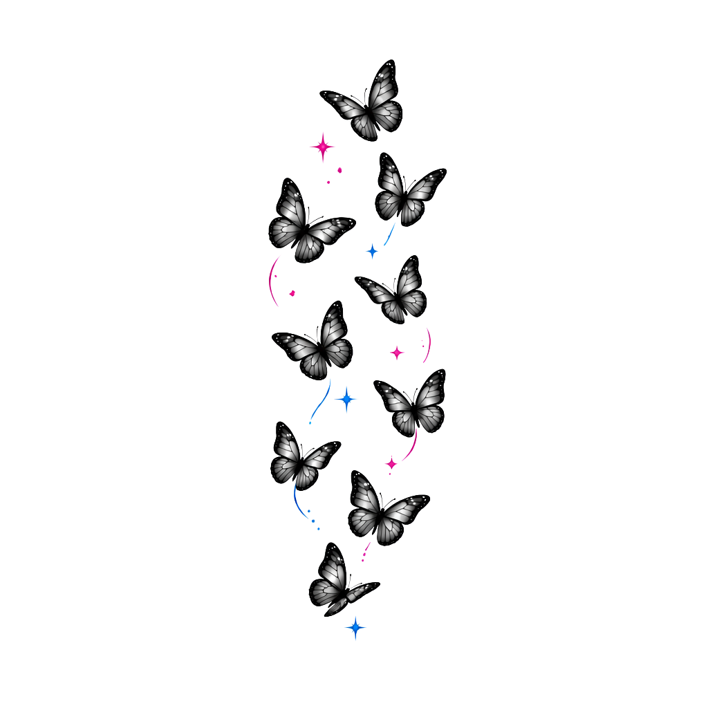 Draw me a tattoo with nine small butterflies, and five of them being pink and four of them being blue. These will need to go small because they are going on a females upper arm.