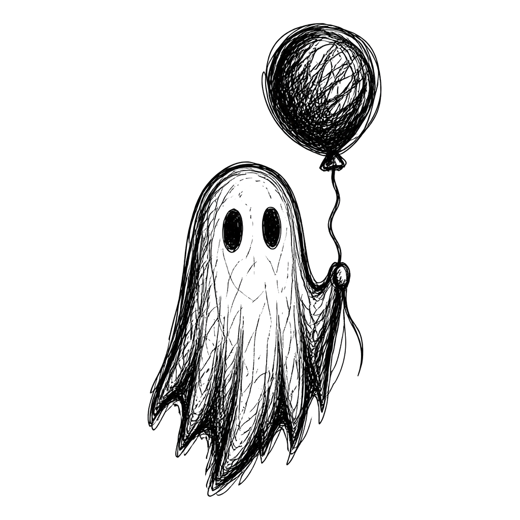 A scribbled ghost holding a balloon