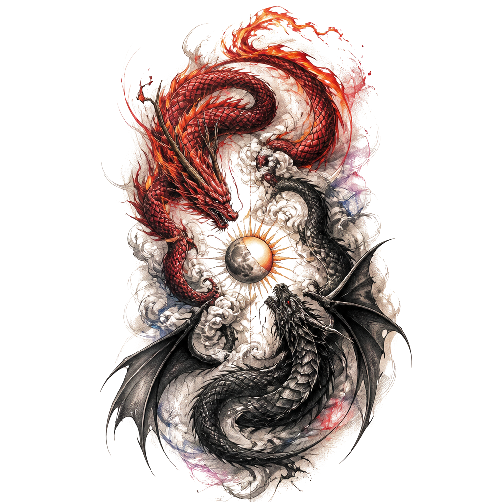 Un dragon rouge avec la queue en flamme et un dragon noir plus sombre avec des ailes. Il faut qu’il soit placé tous les deux à l’envers comme le ying et le yang et qu’ils s’entremêlent, avec au milieu des deux dragons une lune et un soleil. Je veux qu’il soit en long et que leurs têtes soit face à face. Je veux qu’il y est de la couleur sur les contours et des ombrages en couleur mais pas colorés entièrement. Le style que j’aimerais est japonais, réaliste, dotwork et sketch et un peu aquarelle s