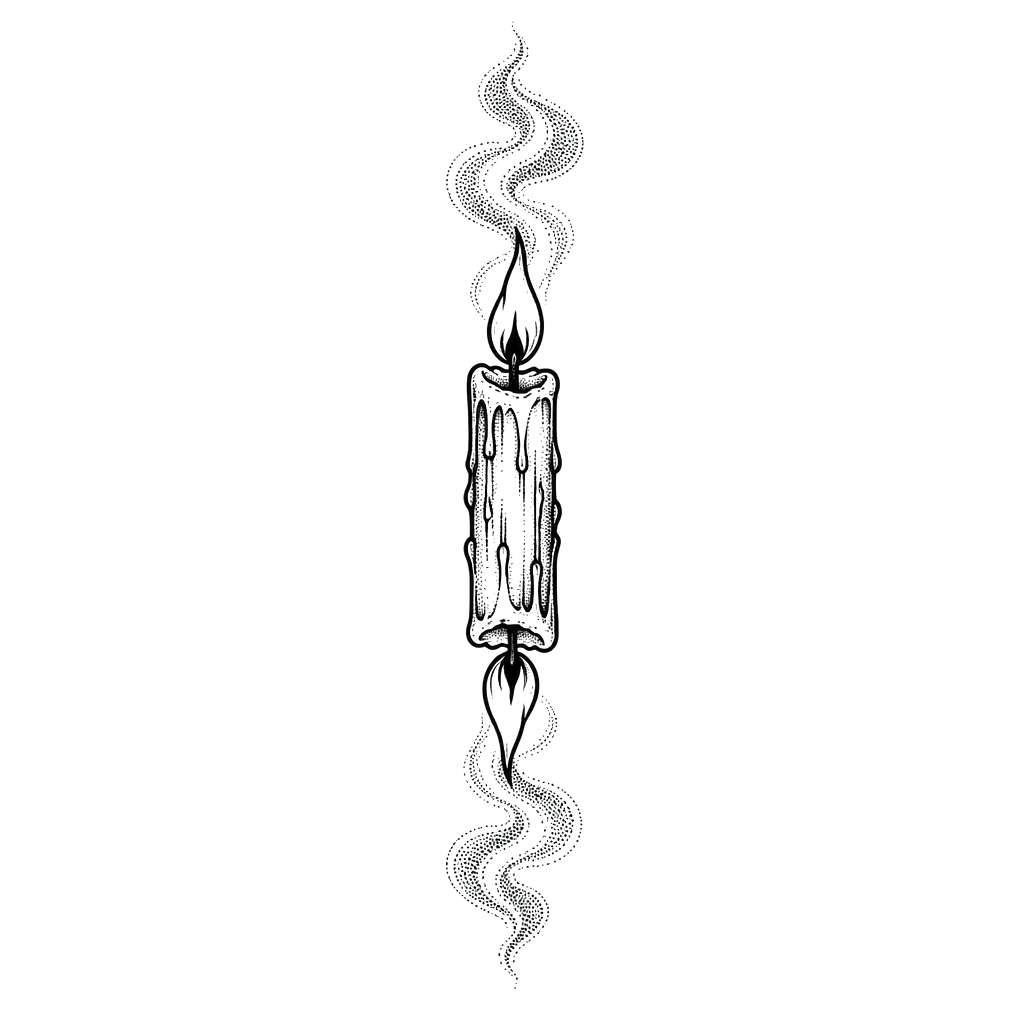 A candle burning at both ends, dotwork smoke