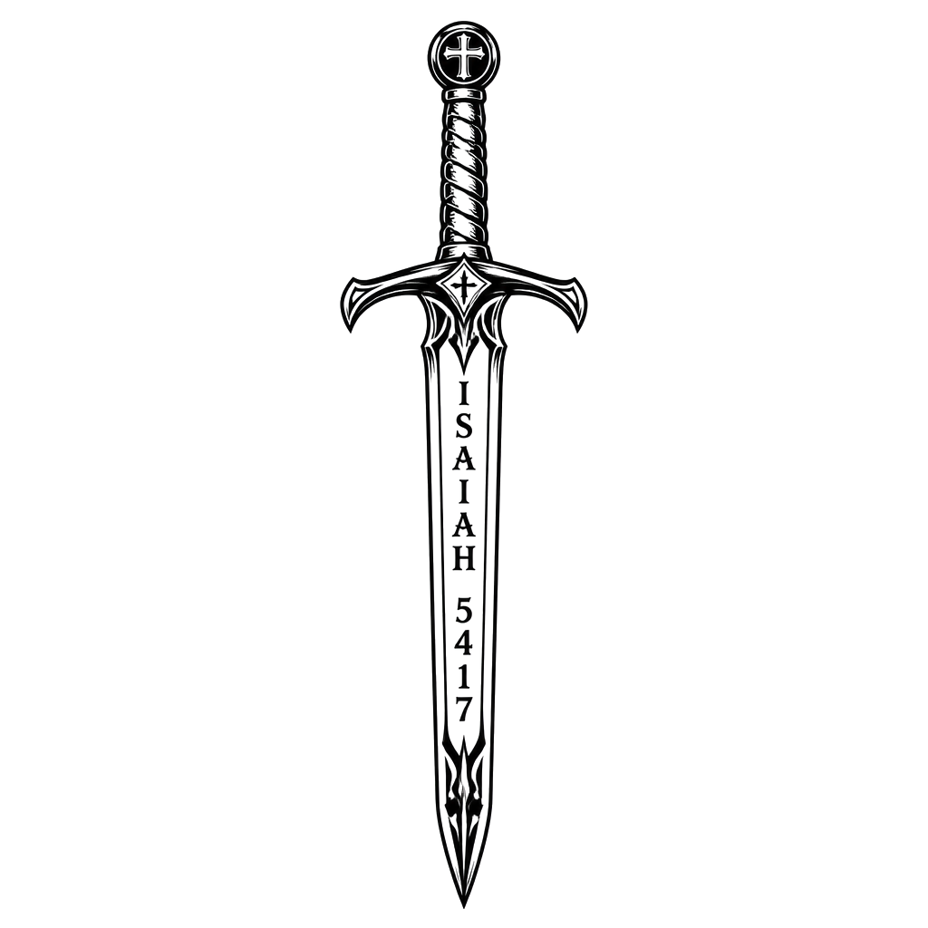 A sword with the words Isaiah 54:17 inside of the sword