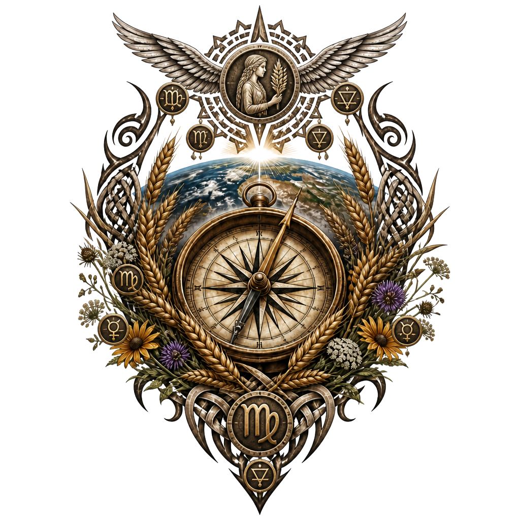 An antique compass cradled in wheat and late-summer wildflowers, its needle pointing toward a small winged planet above a textured earth horizon.