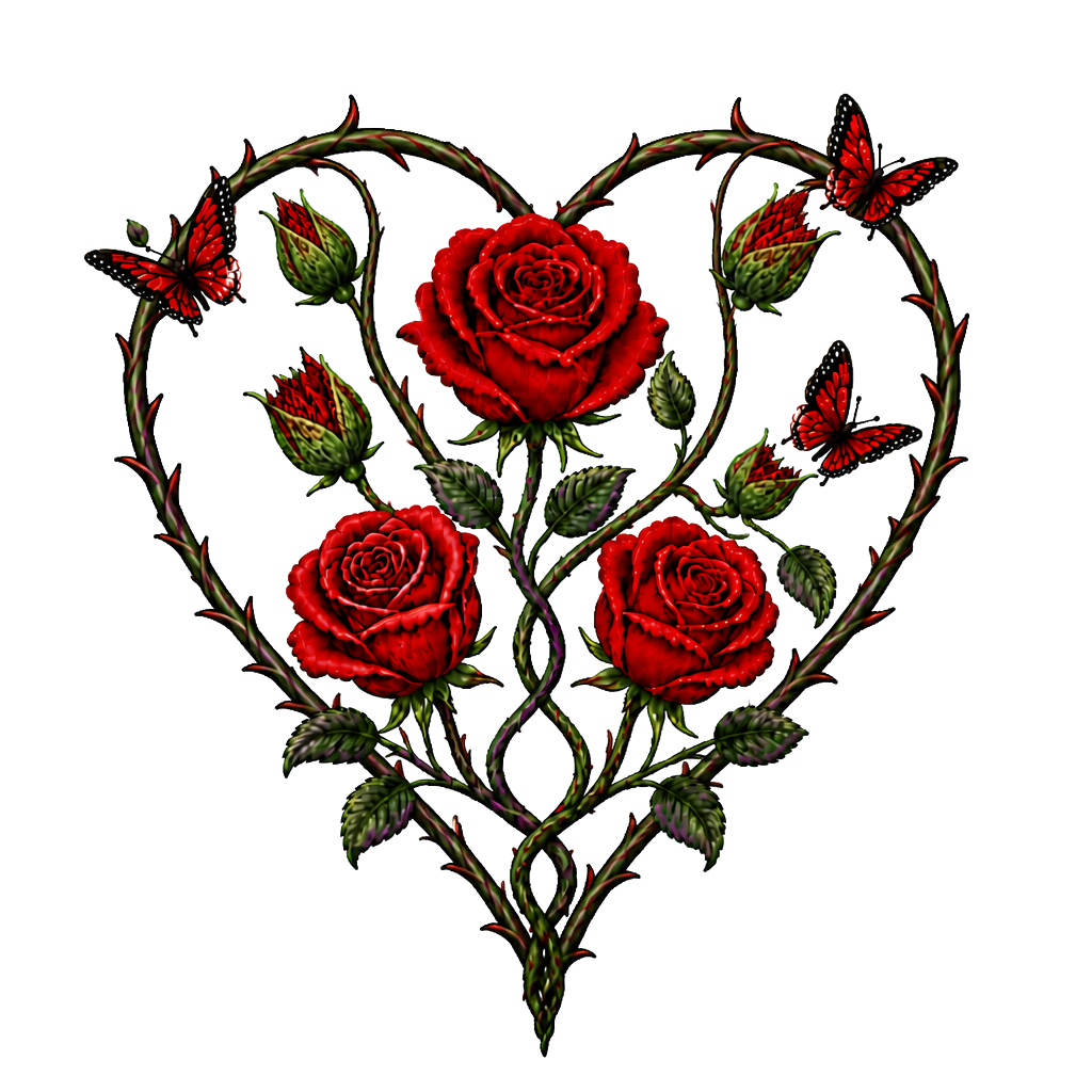 1 rote Rose, 1 geschlossene Rose wo ein Schmetterling entsteht,2 geschlossene Rosen an einen Strang wo aus den geschlossenen Rosen Schmetterlinge entstehen, 1 lila Rose und 1 rote Rose. Alles zusammen mit den Namen Fabian und Dèsirèe verbunden