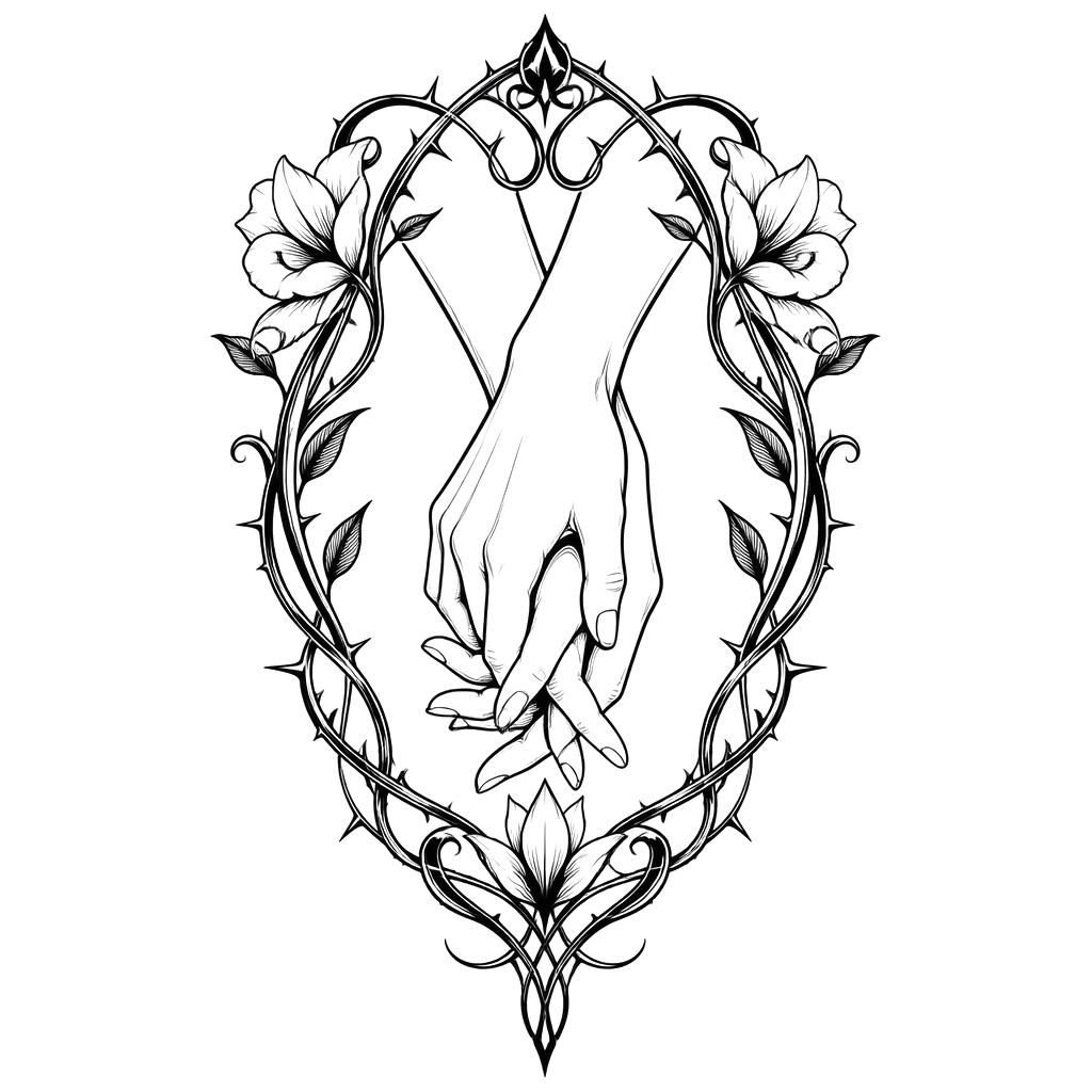 Two lovers' hands entwined inside a frame of thorny vines