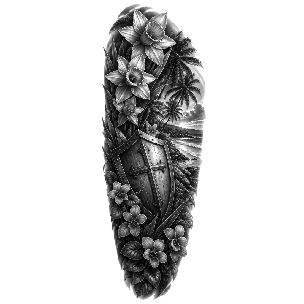 A sleeve with daffodils and violets, but make them masculine, with a shield with a cross on it, use beach scenery like palm trees as fillers