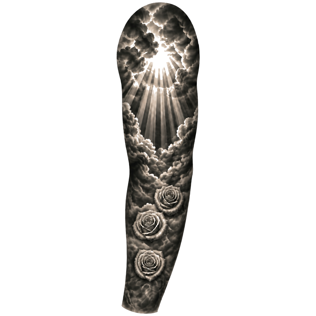 Mach mir ein sleeve tatto mit Rosen auf dem Unterarm und Wolken wo Lichtstrahlen durchscheinen