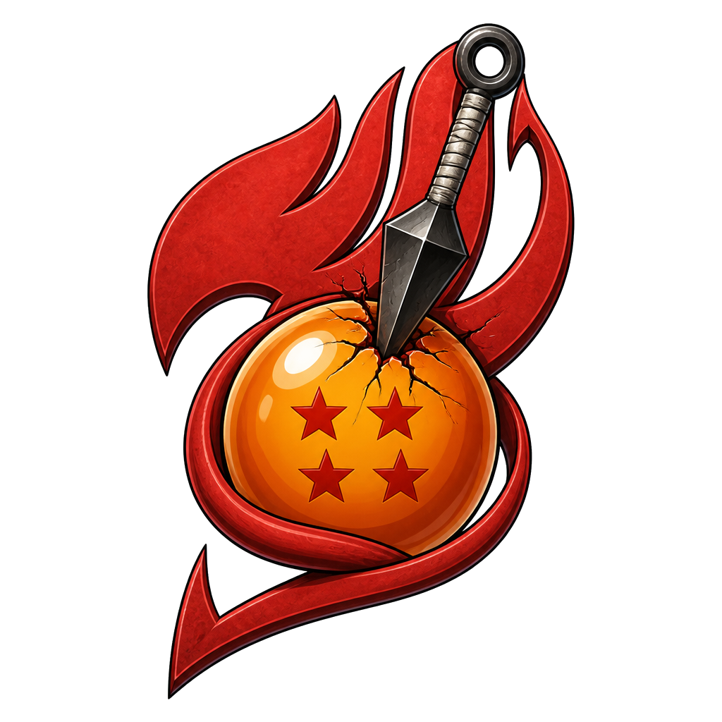 Fairy Tail Symbol then tail of the symbol wrapping around the Four Start Ball from Dragon Ball with a kunai from Naruto sticking out of the top of the Dragon Ball with cracks in the Dragon ball where the kunai is sticking in