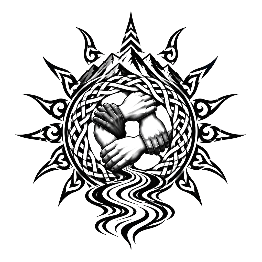 A woven family circle framed by tribal sun rays, mountain peaks, and flowing river lines, with interlocked hands at its center.