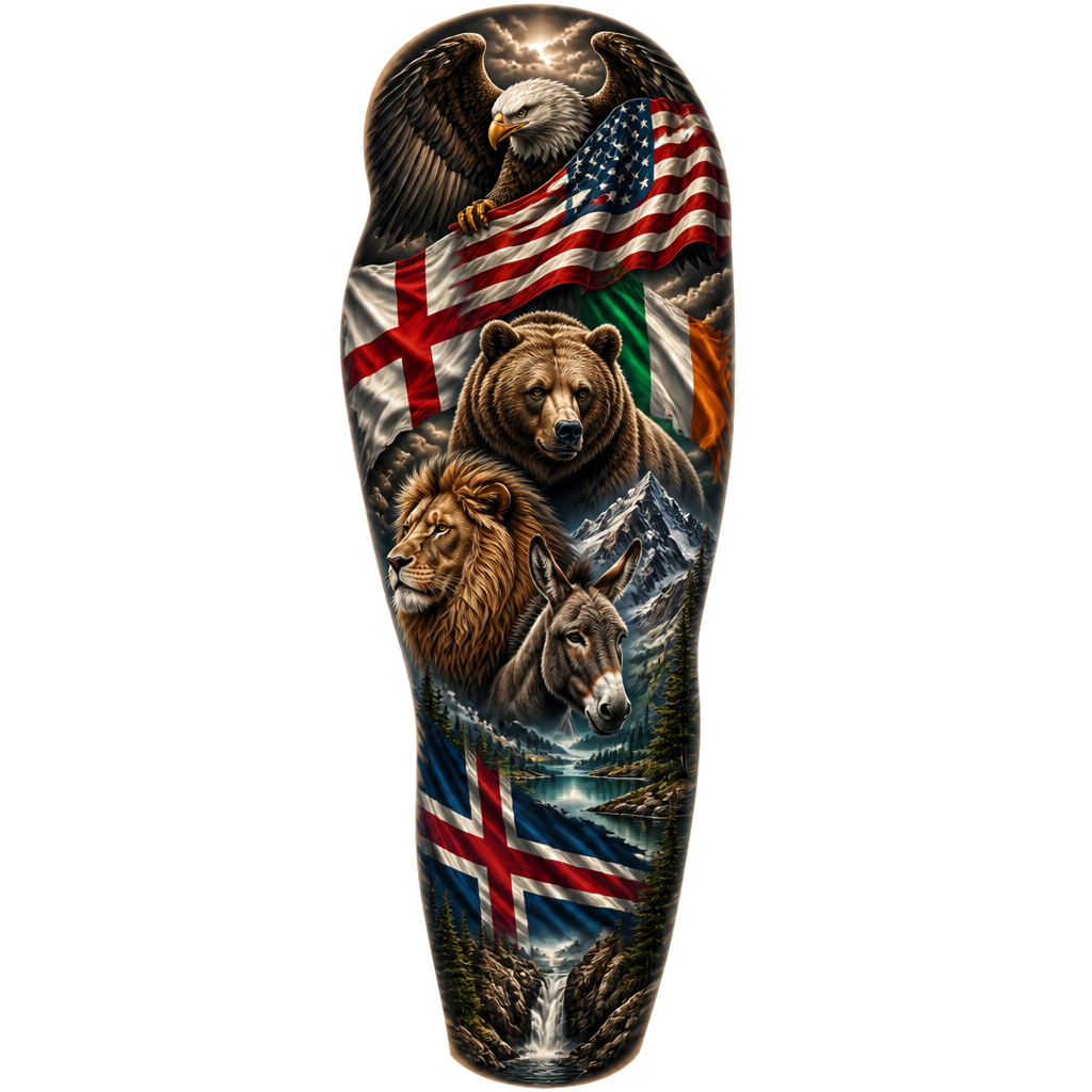 English flag and Irish flag with an American bald eagle with an American flag, a grizzly bear a lion ass mountains with a lake, all made into a sleeve tattoo, which also has a Nordic cross