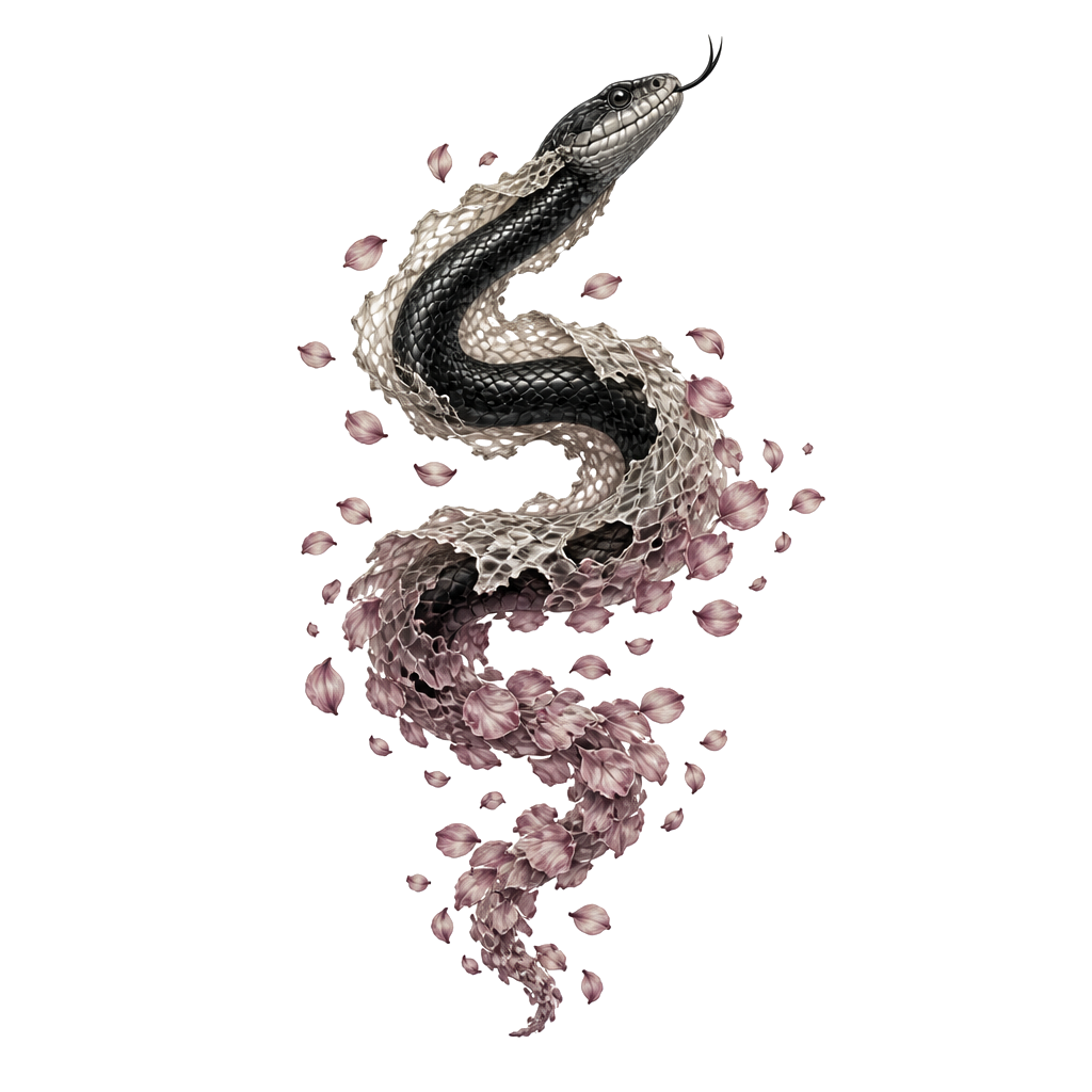 A snake shedding its skin into scattered petals