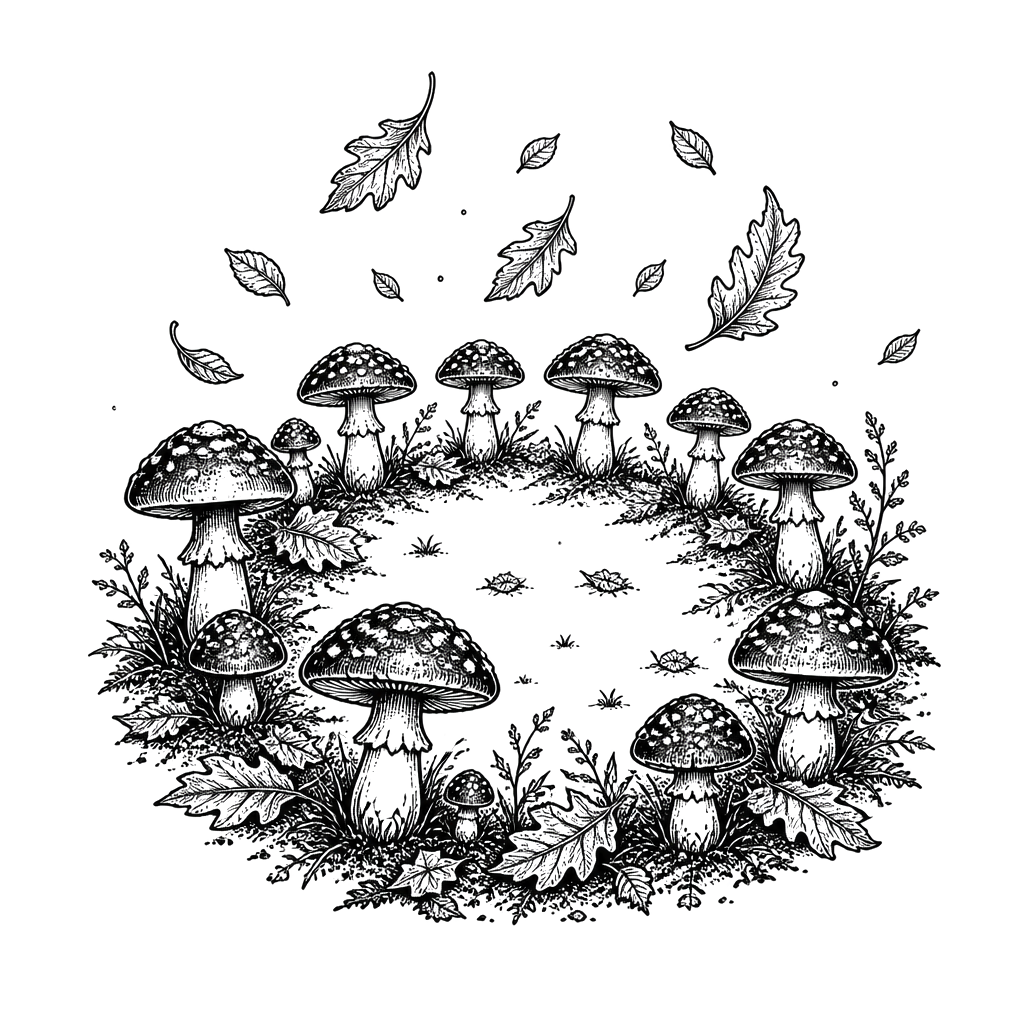 A fairy ring of toadstools under falling leaves