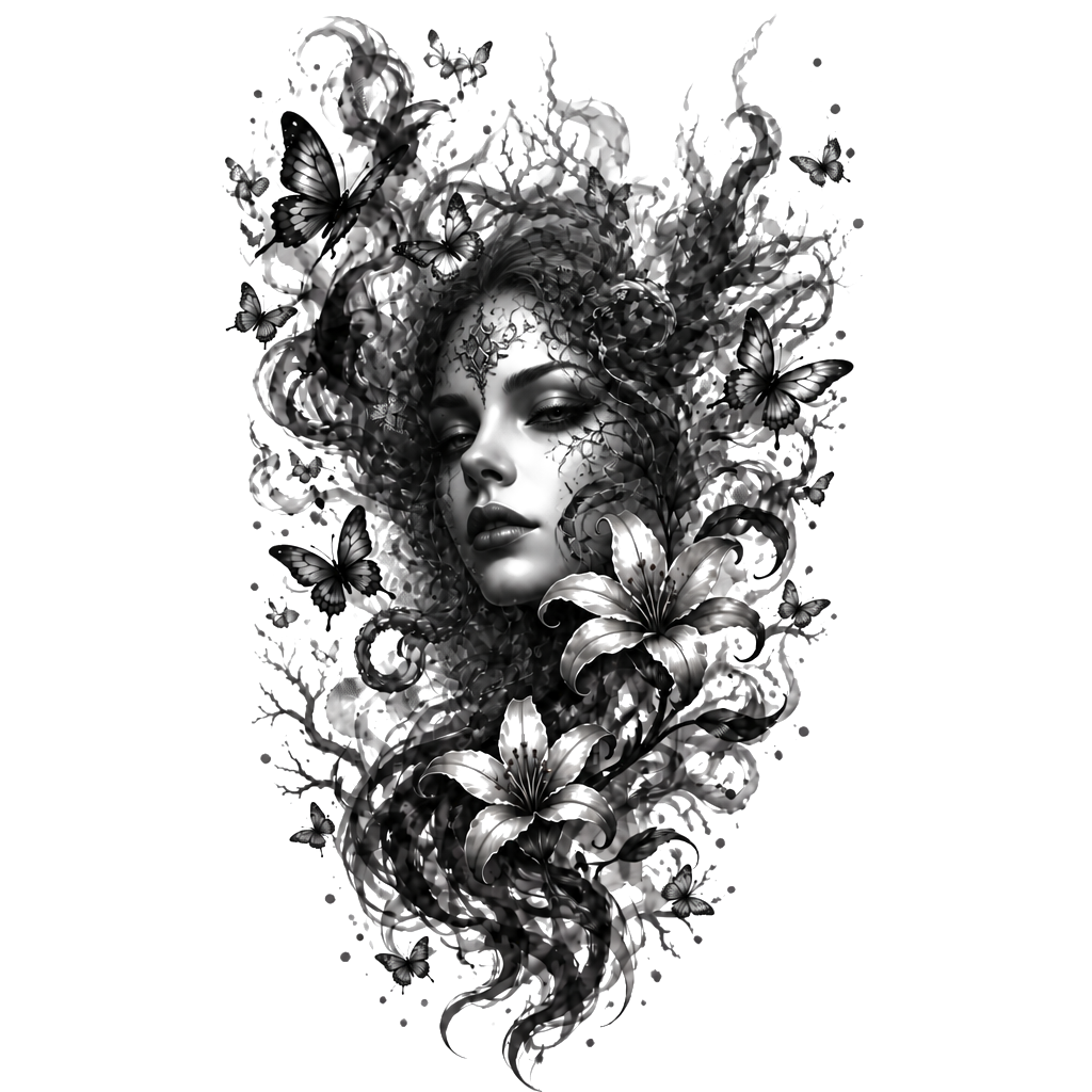 Dark elegant shoulder tattoo: add a large ink-smoke phoenix in black & smoky gray. Smoke-style butterflies + delicate smoky lilies/vines integrated throughout. Flowing organic wrap-around design on shoulder/upper arm. Mood: mysterious, powerful, shadowy, ethereal—dark vibes only, monochrome ink wash aesthetic.i like blue and red and purple idk