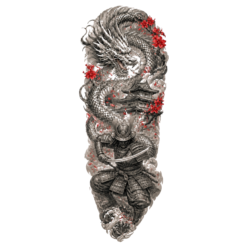 A sleeve tattoo for a man. A Japanese dragon, a warrior, a Japanese building, and some cherry blossoms with a little bit of colour
